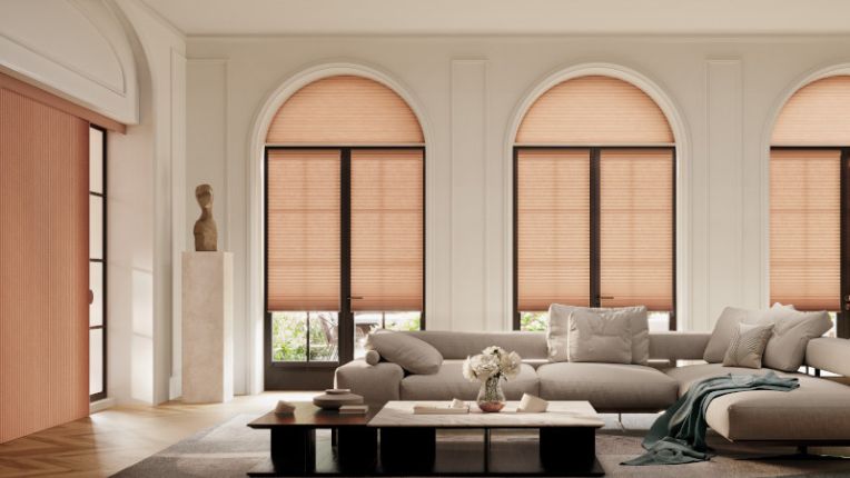 Stunning Hunter Douglas Window Treatments with large arched windows